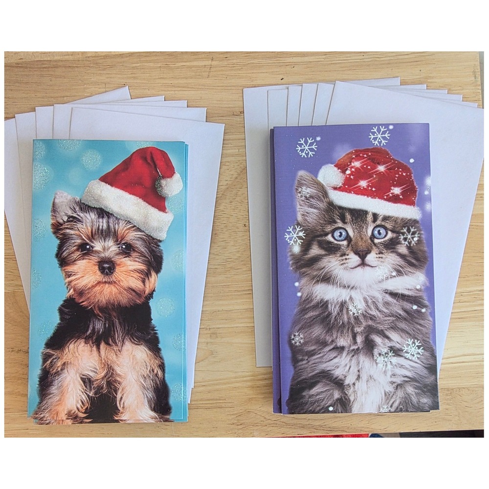 The Clever Factory Christmas Cards 6 Puppy 5 Kitten Glitter w/ envelopes